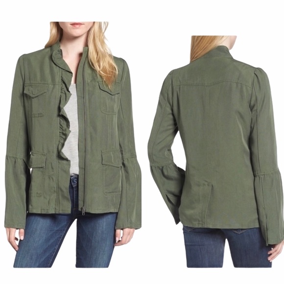Hinge Olive Green Ruffle Utility Jacket 